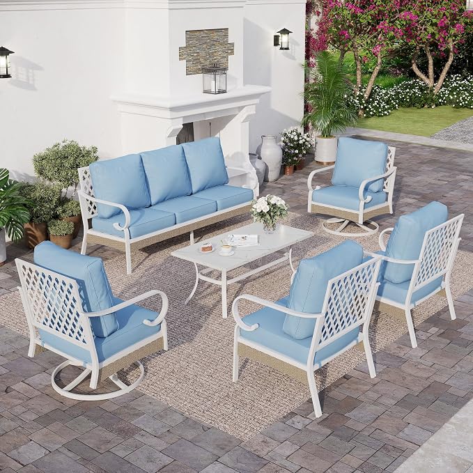 SUNSHINE VALLEY 6 Piece Metal Outdoor Patio Furniture Set, Patio Conversation Sets 3-Seater Sofa, 2 Fixed Sofa, 2 Swivel Chair with 5.75" Thick Cushion and Coffee Table White Backyard Furniture, Blue