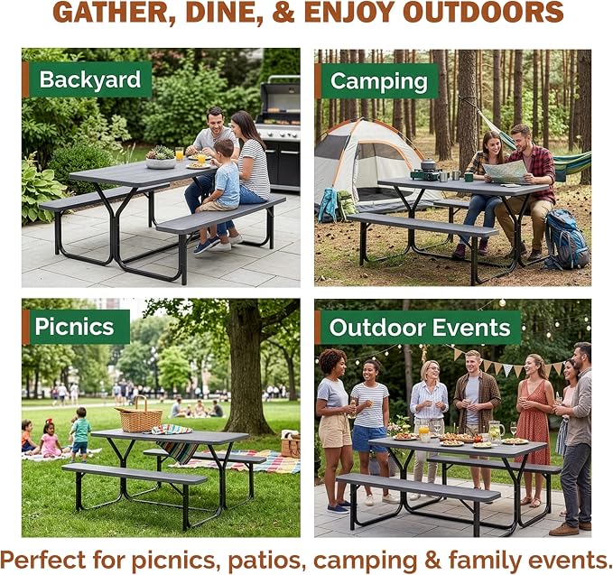 Gray Outdoor Picnic Table Set with Benches, Woodgrain Plastic Patio Dining Table with Metal Frame, Weather-Resistant Picnic Bench Table for Backyard, Patio, Garden, Park, Seats 6