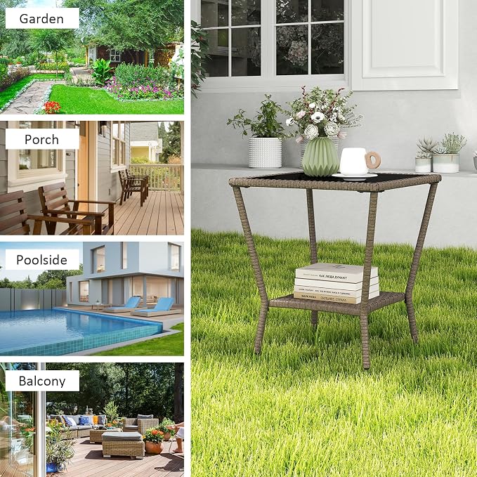Outdoor Small Patio Table - PE Rattan Coffee Table, Wicker Side Table for Patio, Balcony & Porch, Durable & Iron Frame (2, Sesame Brown)