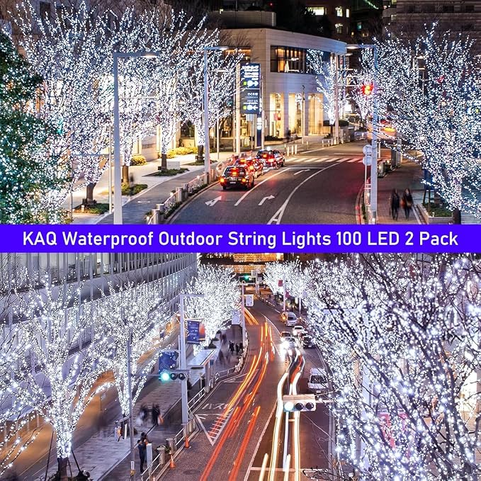 KAQ 2pack 200LED Solar String Lights Outdoor Waterproof Cool White | Total 66FT Flexible Wire With Bright LEDs, 8 Twinkle Modes with Memory, Auto On/Off Easily Decorates Trees, Fences, Garden