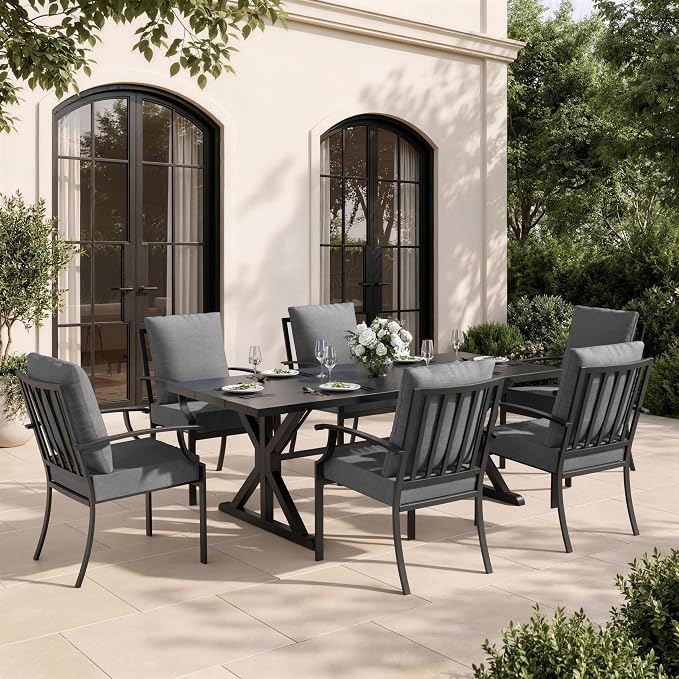 7 Piece Outdoor Dining Set for 6, Metal Patio Table and Chairs with Cushions, Patio Furniture Set with 6 Stackable Chairs, Rectangular Metal Dining Table with Umbrella Hole, Lawn Deck Yard-Grey