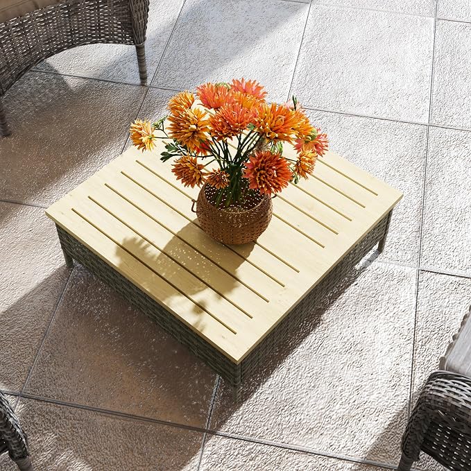 Outsunny Outdoor Side Table with PE Rattan, Patio End Table with Natural Fir Wood Top, Weather Resistant Accent Table for Patio Pool Porch, Gray