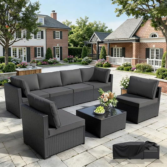 WWR Patio Furniture Set 7 Piece - All-Weather - Wicker Rattan Patio Outdoor Conversation Set, Modular Sectional Sofa for Backyard, Garden, Poolside, Balcony, Porch, Patio, Black/Dark Gary