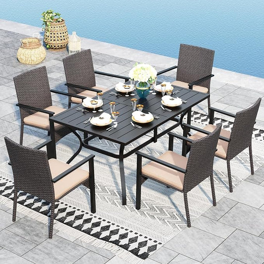 Sophia & William 7-Piece Patio Dining Set, Metal Table, PE Wicker Chairs | All Weather Patio Table and Chairs Set for 6, Perfect for backyard, deck, porch