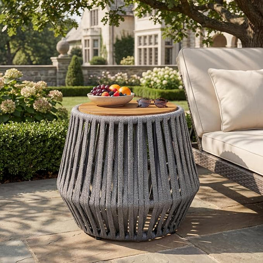 Christopher Knight Home Calla Outdoor Side Table, Boho End Table with Rope Woven Base and Acacia Wood Top, Round Side Table for Patio Balcony or Living Room, Decorative Garden Stool, Beige+Light Teak