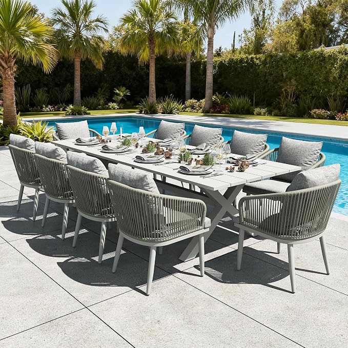 LayinSun 11 Pieces Outdoor Patio Dining Set, Aluminium Rectangular Dining Table and Wicker Rattan Chairs Set for Outside Backyard, Poolside