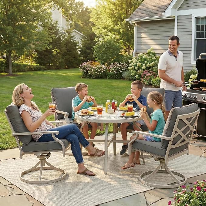5-Piece Patio Dining Set, 4 Swivel Chairs with Removable Thickened Cushions & a 3D Textured Table with Umbrella Hole, All-Weather Furniture for Backyard, Garden, Lawn, Grey