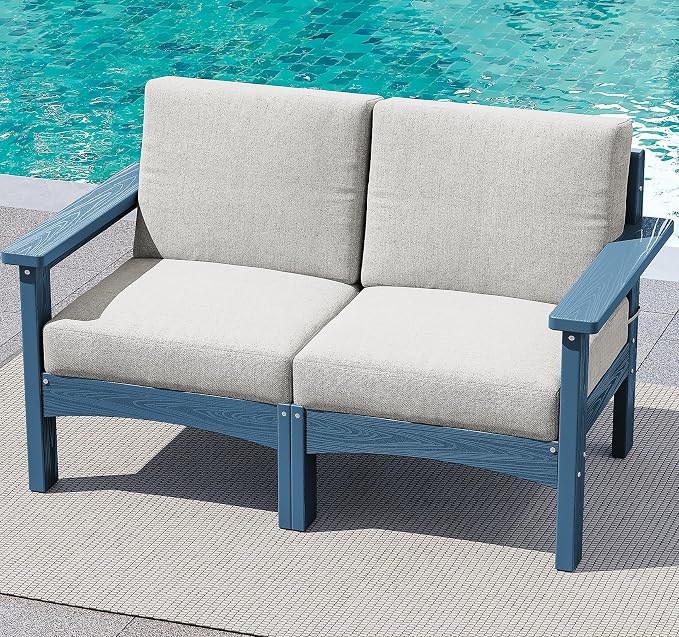 SERWALL HDPE Patio Loveseat Sofa, 2 Pieces Single Sofa, Weather-Resistant Outdoor Furniture Chair with Thick Removable Cushion, Balcony, Garden, Backyard, Poolside, Blue Frame with Khaki Cushion