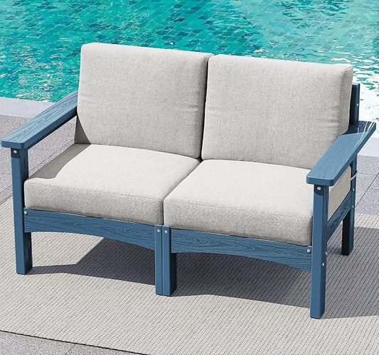SERWALL HDPE Patio Loveseat Sofa, 2 Pieces Single Sofa, Weather-Resistant Outdoor Furniture Chair with Thick Removable Cushion, Balcony, Garden, Backyard, Poolside, Blue Frame with Khaki Cushion