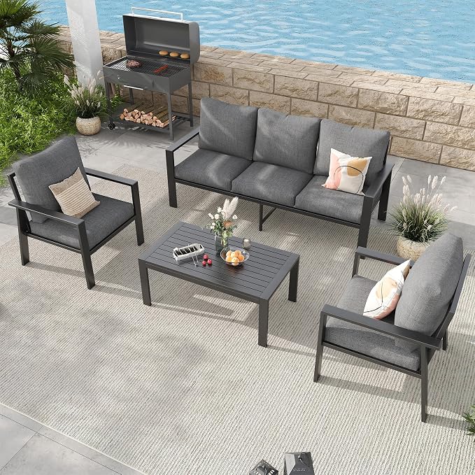 Aluminum Patio Furniture Set, 5 Seats Metal Outdoor Conversation Set Modern Sectional Sofa with Upgrade Cushion and Coffee Table