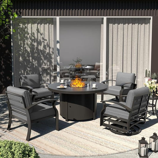 ALAULM Aluminum Patio Furniture Set with Coffee Table Rectangular, 5-seat Outdoor Sectional Furniture w/2 Swivel Chairs, Patio Conversation Set for Porch, Backyard, Poolside-Grey