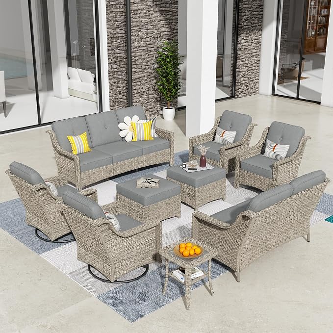 HOOOWOOO 9 Piece Patio Furniture Conversation Sets with Swivel Rocking Chairs,Outdoor Wicker Furniture with Ottoman,All Weather Resistant High Back Rattan Conversational Set(Dark Grey Gray)