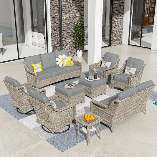 HOOOWOOO 9 Piece Patio Furniture Conversation Sets with Swivel Rocking Chairs,Outdoor Wicker Furniture with Ottoman,All Weather Resistant High Back Rattan Conversational Set(Dark Grey Gray)