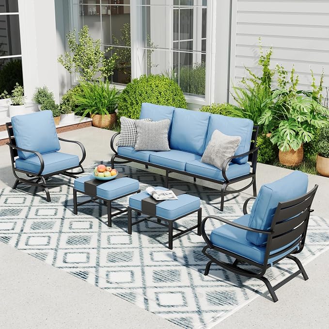 Sophia & William Patio Furniture Sets 5 Seats Outdoor Metal Conversation Sets 5 Pcs with 2 x Cushioned Swivel Sofa Chairs,1 x 3-Seat Sofa,2 x Ottomans for Coffee Lawn Backyard Poolside Blue