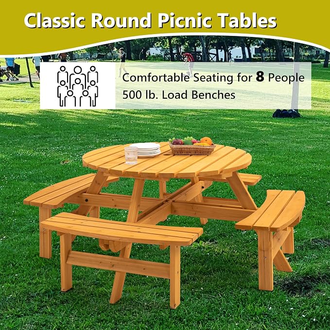 Outdoor Wooden Picnic Table with 4 Built-in Benches and Umbrella Hole for 8 Person，Outside Table and Bench Set Round Picnic Table for Garden, Backyard, Porch,Patio（Natural