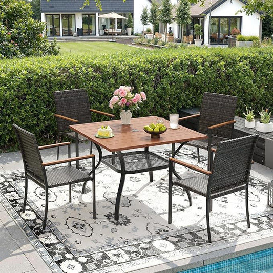 DIFY 5 Piece Patio Dining Set for 4, Wicker Stackable Patio Chairs & 37.8" Square Walnut Metal Dining Table with Umbrella Hole, All Weather Outdoor Table and Chairs Set for Deck Garden Backyard