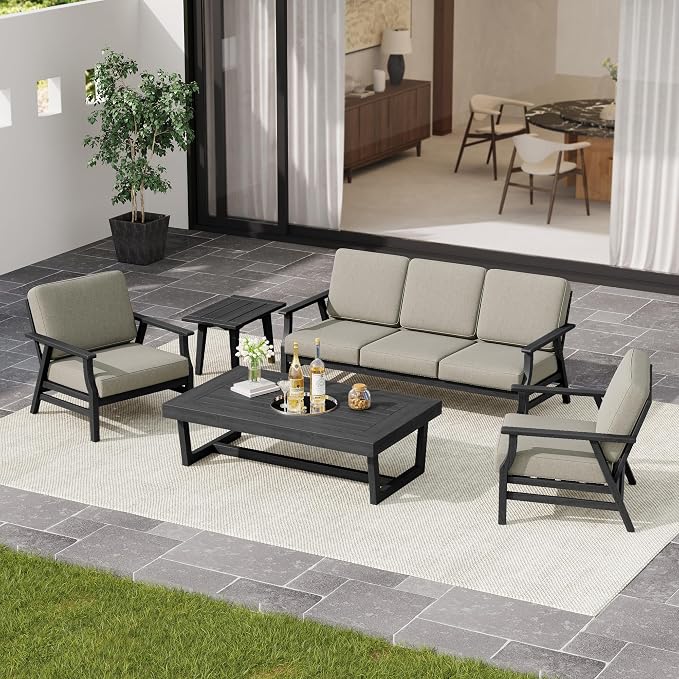 4 Pieces Patio Furniture Sets, Black Wood Outdoor Sectional Furniture with Coffee Table, 5 Seats Patio Sofa Couch Conversation Set for Backyard Deck - Light Camel