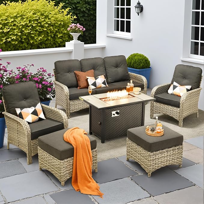 6-Piece Outdoor Patio Furniture Set with Fire Pit Table,All Weather Wicker Rattan Patio Seating Sofa and Chair Set with Ottomans,Outdoor Conversation Sets with 3 Seater Couch for Porch Deck Yard,Black