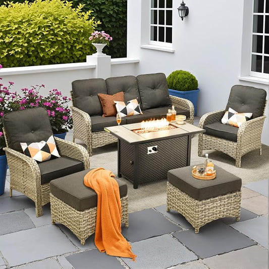 6-Piece Outdoor Patio Furniture Set with Fire Pit Table,All Weather Wicker Rattan Patio Seating Sofa and Chair Set with Ottomans,Outdoor Conversation Sets with 3 Seater Couch for Porch Deck Yard,Black