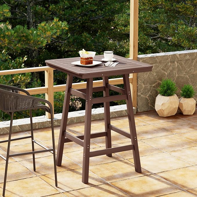 Costaelm Outdoor Bar Table, 42" Counter Height Square Patio Cocktail Bar Table with Umbrella Hole, Patio Bistro Dining Pub Table for Front Porch Deck Backyard Garden, Dark Brown