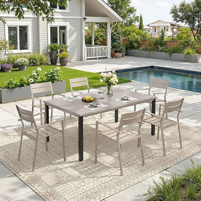 DIFY 7 Pieces Outdoor Patio Dining Set, 6 Cream Stackable Metal Dining Chairs and 63" Grey Wood-Like Rectangle Dining Table, Outdoor Table and Chairs for Lawn Garden Backyard Deck