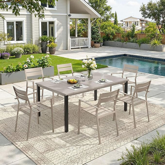 DIFY 7 Pieces Outdoor Patio Dining Set, 6 Cream Stackable Metal Dining Chairs and 63" Grey Wood-Like Rectangle Dining Table, Outdoor Table and Chairs for Lawn Garden Backyard Deck