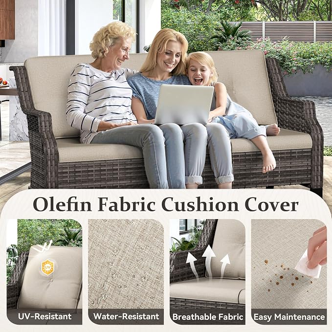 Outdoor Patio Sofa Wicker 3 Seater Sofa, Rattan Couch with Deep Seat and Olefin Cushions, High Backrest, All-Weather for Balcony, Deck, Backyard