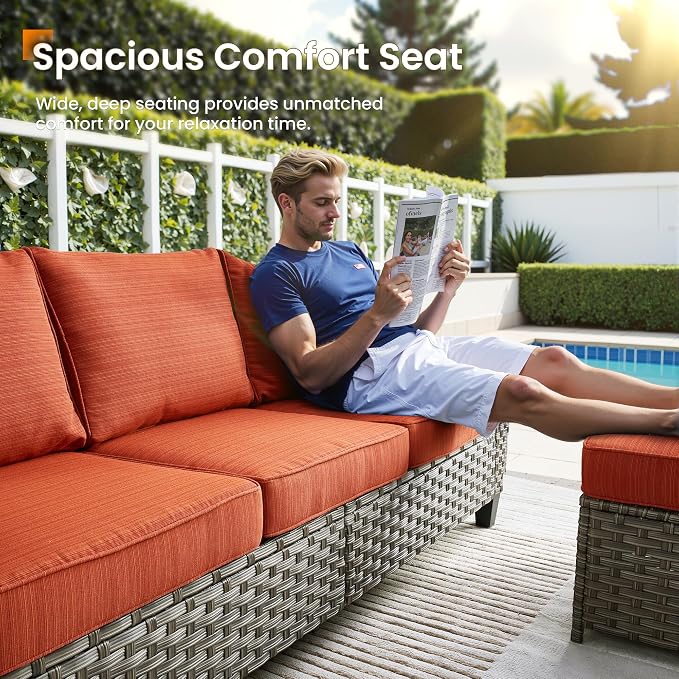 CAODOC Patio Furniture Set, 7 Pieces Outdoor Wicker Rattan Sofa Couch with 4 Chairs, Ottomans and Comfy Cushions, All Weather High Back Conversation Set Garden Backyard, Brown Rattan Red Cushions
