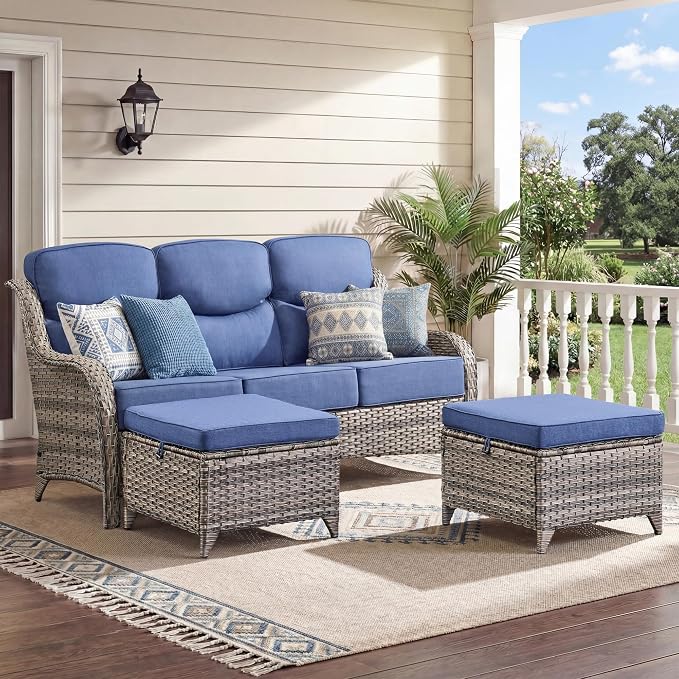 Luxury 3 Pieces Patio Furniture Sets-All Weather Wicker Rattan 3-Seat Sofa Set with Comfy 6" Cushion, Multifunctional Ottomans Patio Conversation Set for Deck Backyard Garden(Grey/Blue)