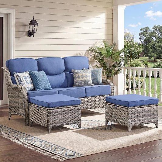 Luxury 3 Pieces Patio Furniture Sets-All Weather Wicker Rattan 3-Seat Sofa Set with Comfy 6" Cushion, Multifunctional Ottomans Patio Conversation Set for Deck Backyard Garden(Grey/Blue)