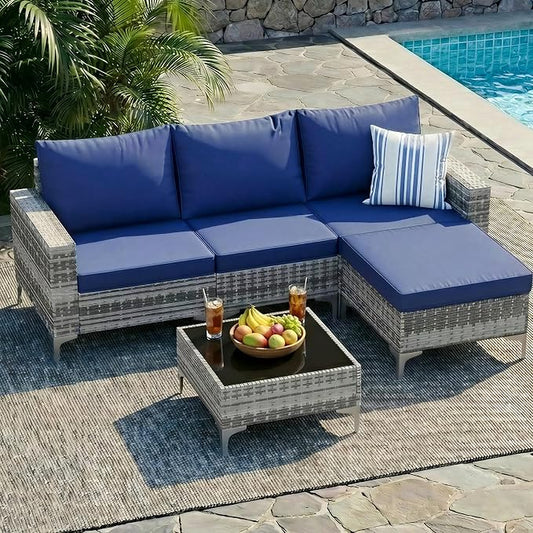 Vikiullf Wicker Patio Furniture Set, 5 Pieces Outdoor Conversation Set, Patio Sectional Sofa with 4" Thick Cushions, for Poolside Backyard Garden