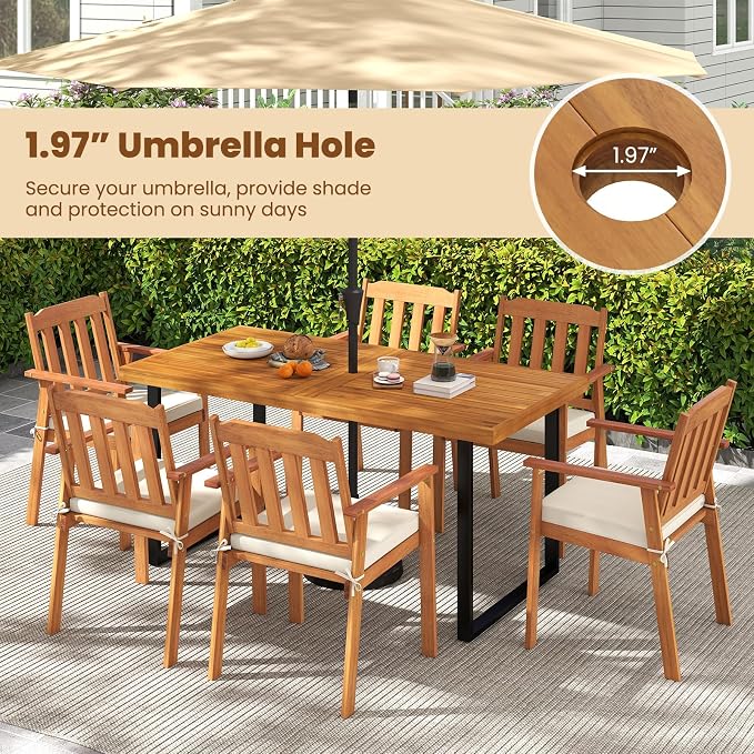 Tangkula 7 Pieces Patio Dining Table Set, 63” Rectangle Acacia Wood Table with Umbrella Hole and 6 Cushioned Armchairs, Outdoor Dinette Furniture for Garden Backyard Kitchen