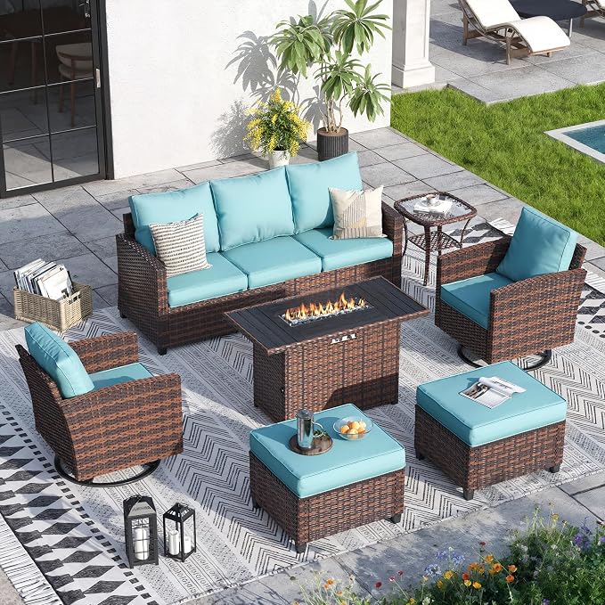 7 Pcs Outdoor Furniture with 44" Fire Pit Table, Rattan Patio Conversation Sets with Swivel Chair, Gas Fire Pit, Ottomans, Side Table, 4" Thick Cushion, for Backyard Garden Deck,Light Blue