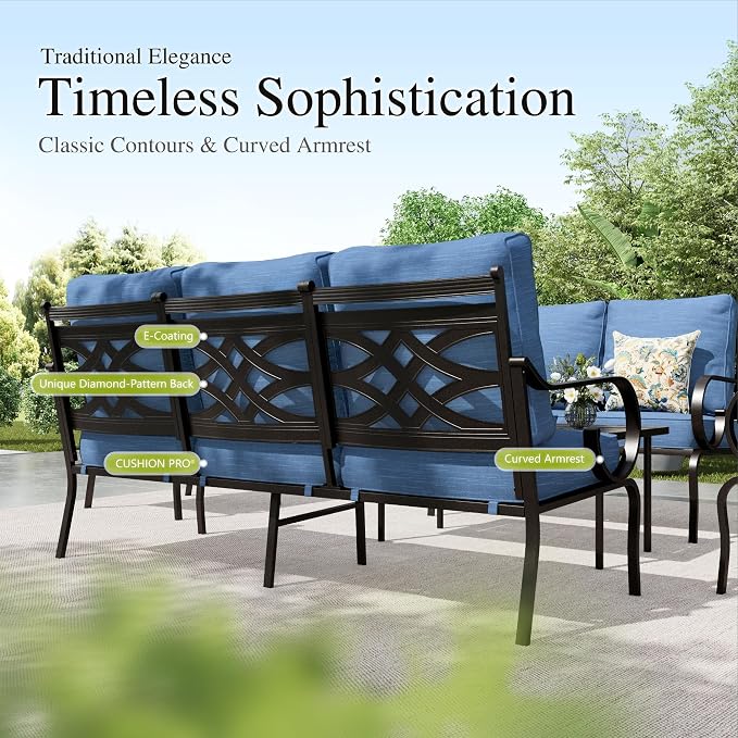 Sophia & William Patio Conversation Set for 4, 4 Rocking Chairs and a 28" Square Fire Pit Table, Metal Outdoor Furniture with 5.75" Extra Thick Cushions, Navy
