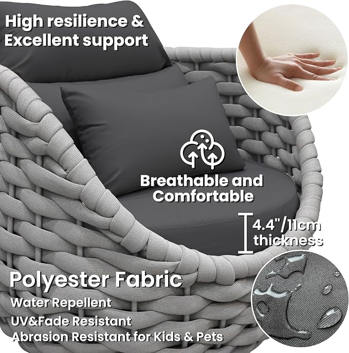3 Pieces Aluminum Patio Furniture Sofa Sets: Hand Woven Rope Outdoor Conversation Set of 2 - Assembled Modern Cushions Couch Armchair Table Set - All Weather for Indoor Deck Porch Pool Hotel