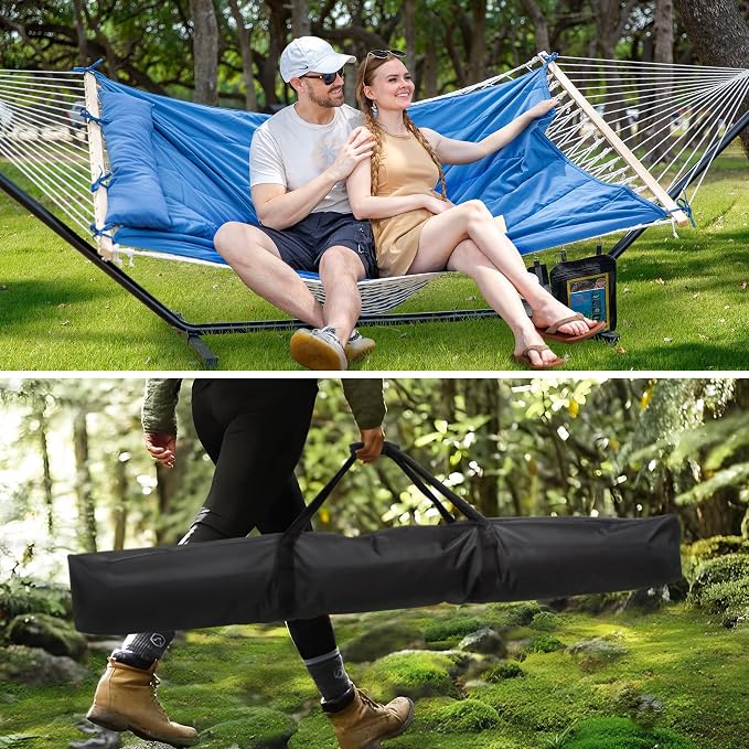 SUNCREAT Double Hammock with Stand, 2 Person Outdoor Hammock with Reversible Pad, Black Hammock Storage Bag, Heavy Duty Carrying Bag
