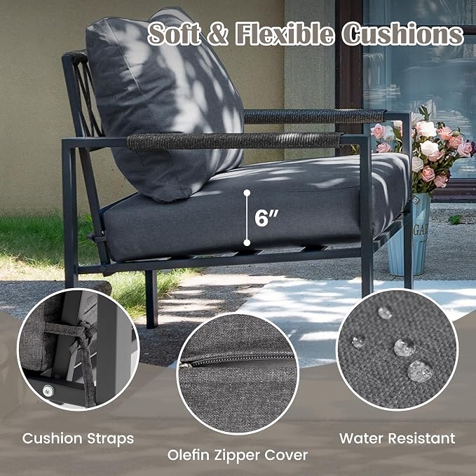 2 Pieces Rattan Outdoor Furniture Set, All-Weather Patio Loveseat with Dark Grey Cushions and Coffee Table for Garden, Backyard, Balcony, Poolside