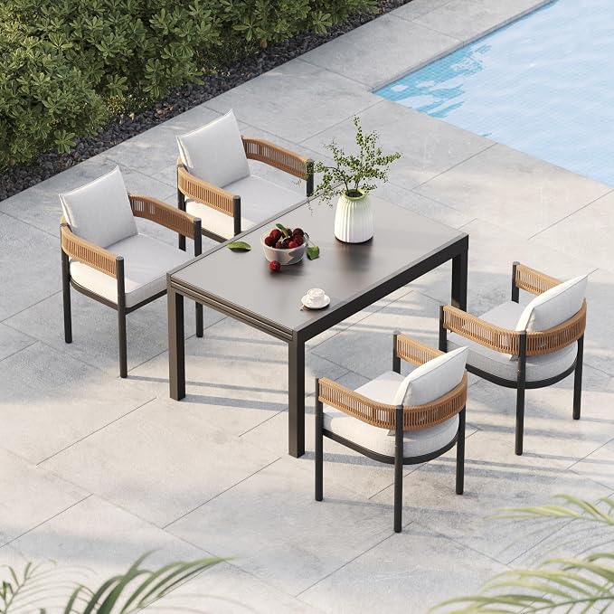Grand patio 5-Piece Expandable Table Dining Set for 6 to 10, Aluminum Outdoor Dining Table with Glass Tabletop, Metal Woven Wicker Fixed Patio Chairs with Cushions for Yard, Poolside, Deck (Natural)