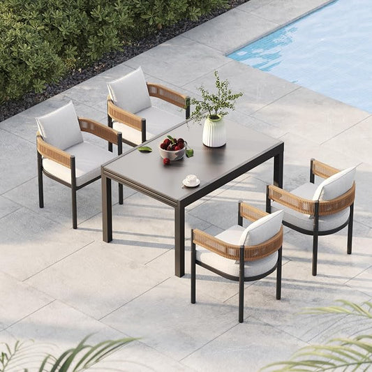 Grand patio 9-Piece Expandable Table Dining Set for 6 to 10, Aluminum Outdoor Dining Table with Glass Tabletop, Metal Woven Wicker Fixed Patio Chairs with Cushions for Yard, Poolside, Deck (Natural)