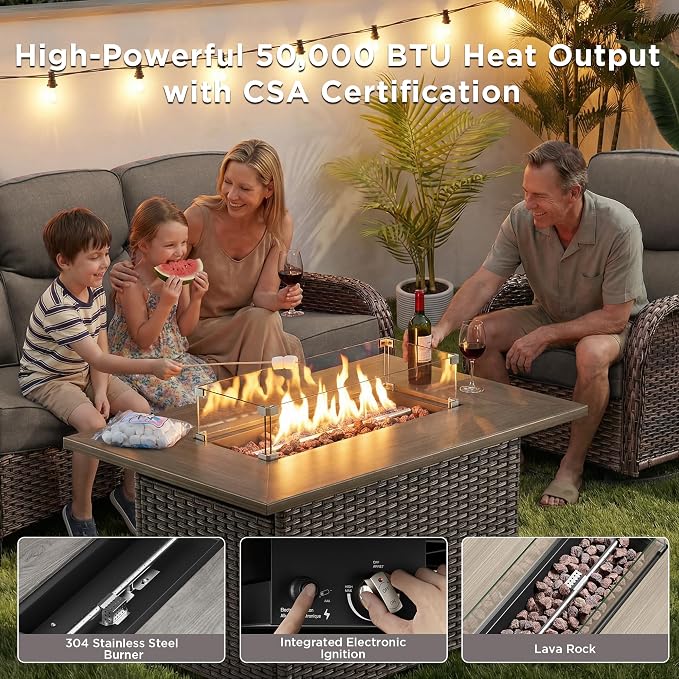 Luxury Patio Furniture Set with Fire Pit Table-10 Pieces All Weather Outdoor Swivel Rocker Chairs with Sofa and Ottomans. Outdoors Patio Conversation Sets for Porch Deck Garden(Brown/Grey)