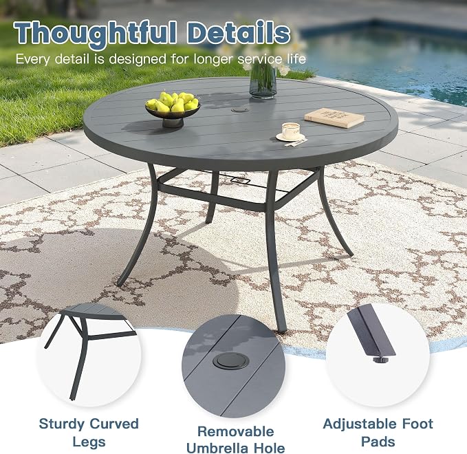 DIFY 50" Round Outdoor Patio Dining Table for 6, All-Weather Metal Patio Table with 1.57" Adjustable Umbrella Hole, Outdoor Furniture Table for Garden Backyard Deck, Grey
