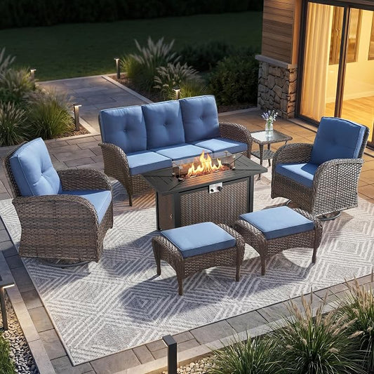 7 Piece Patio Furniture Set with Fire Pit Table - Wicker Patio Conversation Set with Swivel Glider, 3 Seat Sofa, Side Table and 2 Ottomans for Deck Backyard - Brown Wicker Blue Cushion