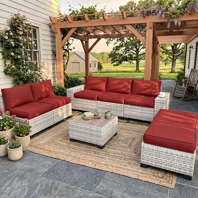 8-Piece Outdoor Patio Furniture Set Wicker Sectional Sofa Set with Ottomans, Patio Conversation Set with Thickened Cushions & Coffee Table for Garden, Backyard, Poolside, Red