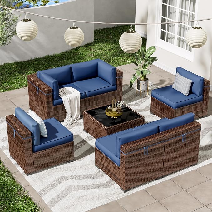Patio Furniture Set, Modular 7-Piece Patio Conversation Sets with Coffee Table, All-Weather Wicker Outdoor Sectional for Backyard and Balcony, Navy (Waterproof Covers Included)