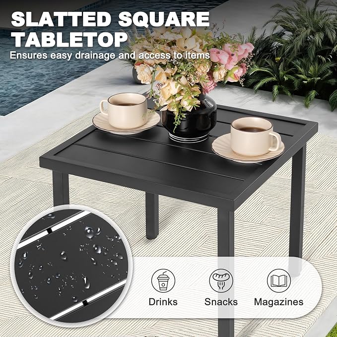 NUU GARDEN Outdoor Patio Side Table, Metal Side Table, Black | Features a slatted tabletop, adjustable feet and powder-coated metal construction for outdoor use and easy maintenance.