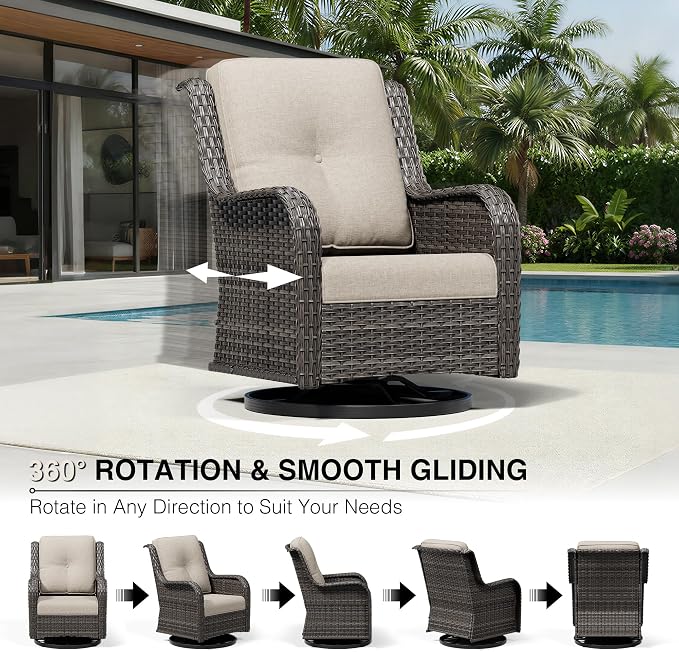 Joyside 3 Piece Wicker Patio Furniture Set, Outdoor Swivel Rocker Patio Chairs with High Back, Deep Seating, Wide Armrest, Thickened Cushions, Outdoor Furniture for Deck, Porch Use
