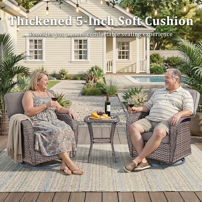 Patio Furniture Set, 6PCS Outdoor Wicker Conversation Set with Side Table, High Back Rattan Sofa & Swivel Rocker Chairs, Weather Resistant Olefin Fabric for Garden, Poolside Brown/Grey