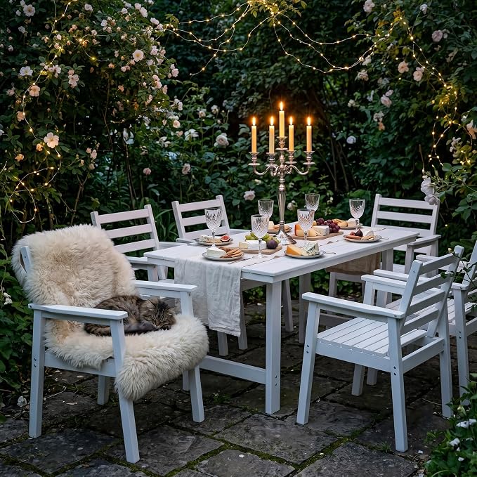 7-Piece Outdoor Dining Set, All-Weather HDPE Patio Furniture, 66.5" Slatted Table with 1.6" Umbrella Hole & 6 Ergonomic Armchairs, Heavy Duty 350lbs Capacity, UV Resistant, White