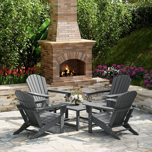 Costaelm Patio Conversation Set, Chairs Set of 5 Balcony Firepit Furniture Outdoor Adirondack Square Table and Chair Backyard Furniture Set for Lawn Porch Pool Garden, Gray