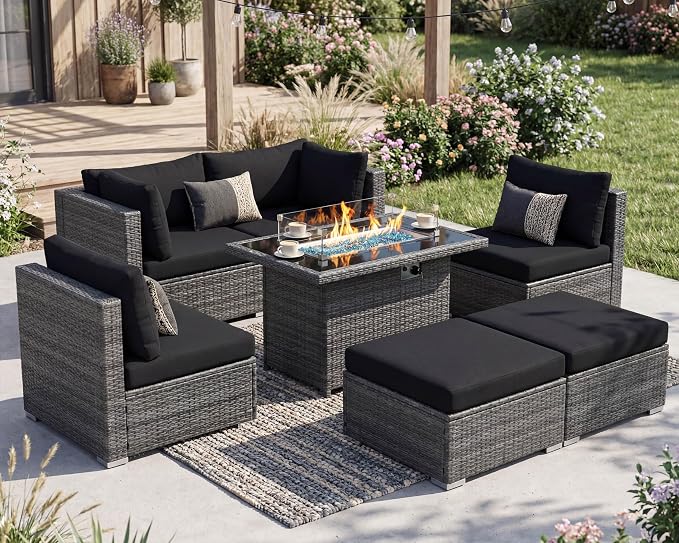 NICESOUL 7 Piece Outdoor Patio Sectional Furniture Set with Firepit Natural Gas/Propane, 29.3'' High-Back Comfy Conversations for Outside, Oversized Wide Wicker Couches, 2 Color Cushion Black & Gray